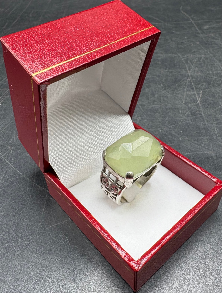 BAGUE HOMME EN ARGENT MASSIF ET CHRYSOPRASE TAILLÉE DES ANNÉES 1960/70 MATY