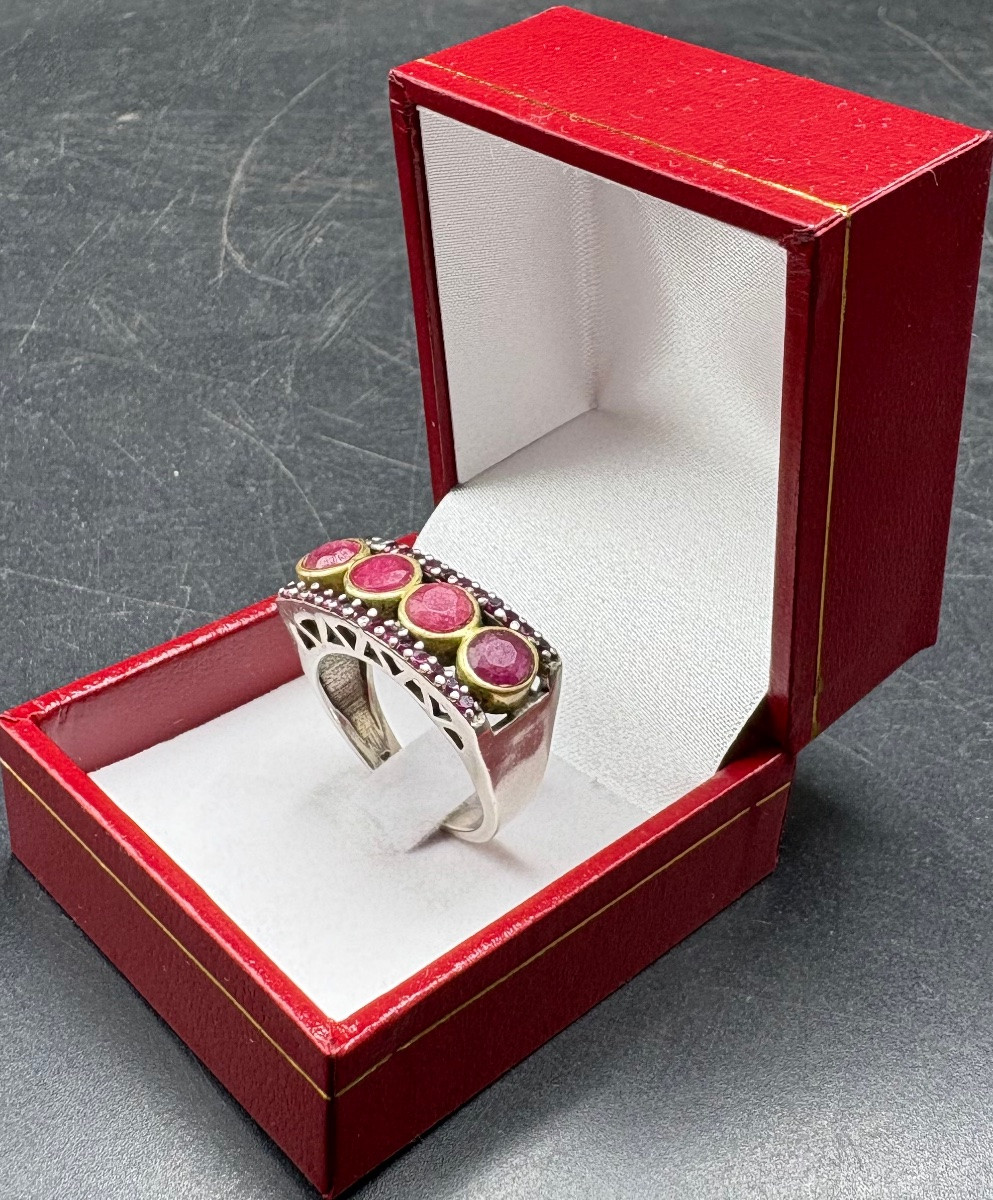 BAGUE MIXTE EN ARGENT MASSIF SPINELLES ET KATOÏTE EUROPÉENNE DES ANNÉES 1950-photo-3
