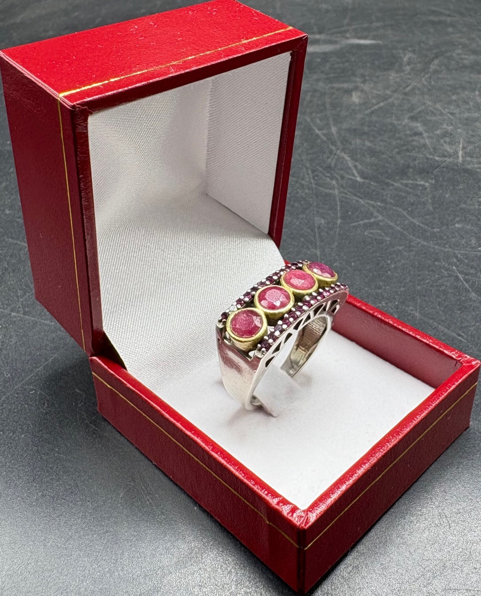 BAGUE MIXTE EN ARGENT MASSIF SPINELLES ET KATOÏTE EUROPÉENNE DES ANNÉES 1950-photo-4