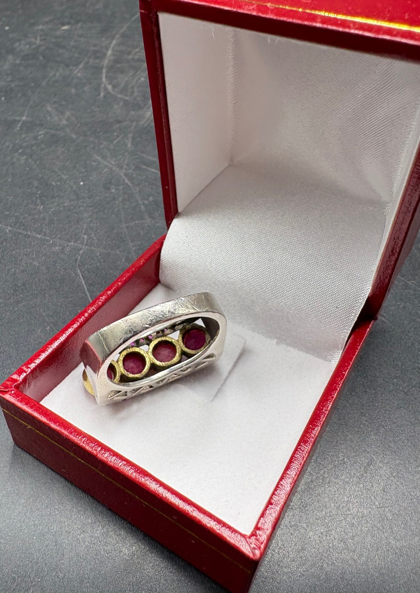 BAGUE MIXTE EN ARGENT MASSIF SPINELLES ET KATOÏTE EUROPÉENNE DES ANNÉES 1950-photo-3