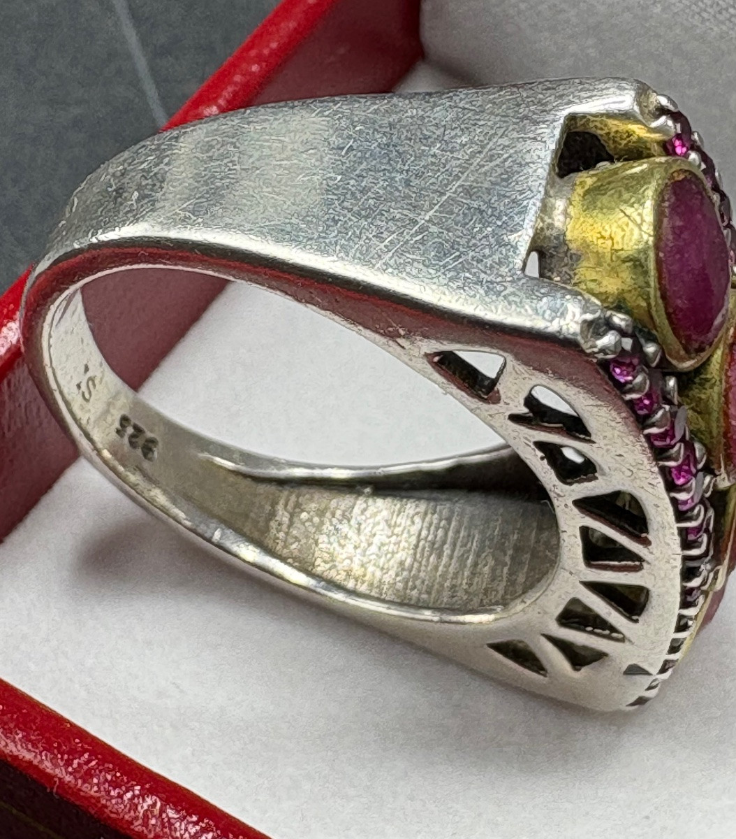BAGUE MIXTE EN ARGENT MASSIF SPINELLES ET KATOÏTE EUROPÉENNE DES ANNÉES 1950-photo-5