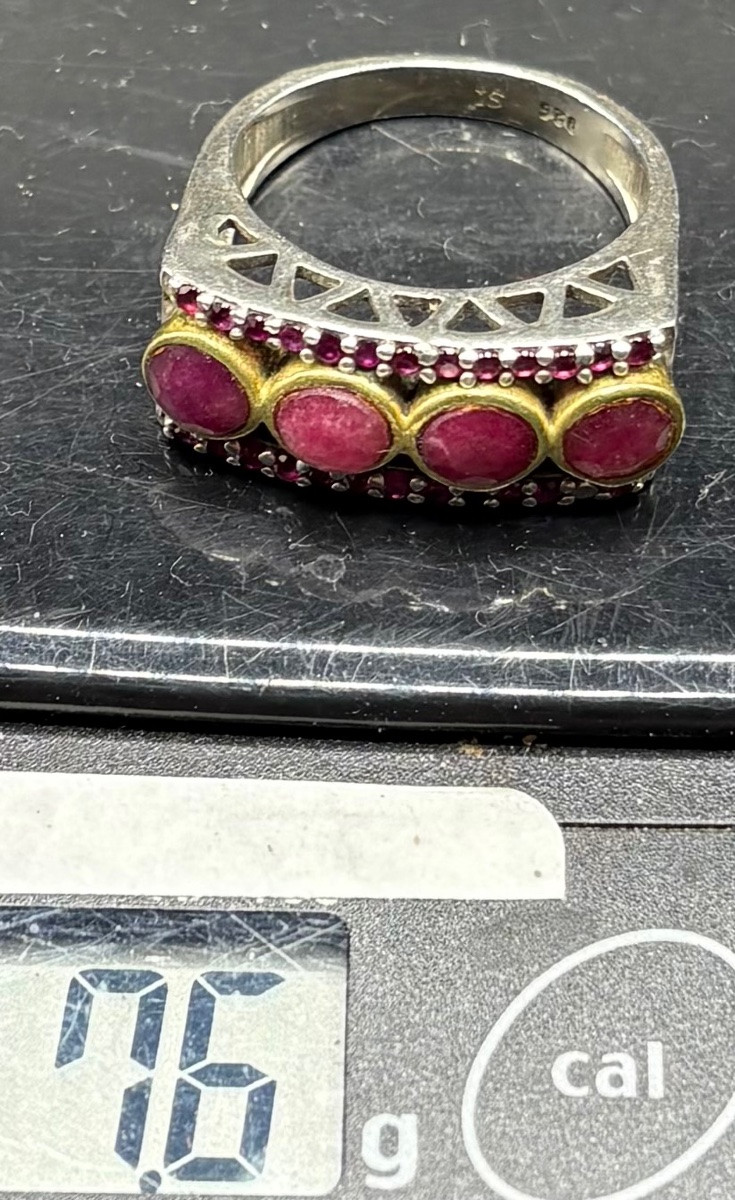 BAGUE MIXTE EN ARGENT MASSIF SPINELLES ET KATOÏTE EUROPÉENNE DES ANNÉES 1950-photo-8