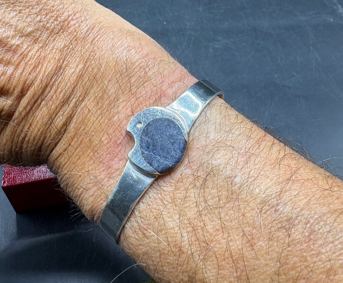 1950s Foreign 3/4 Open Bangle Bracelet In Sterling Silver And Cut Sodalite…-photo-1