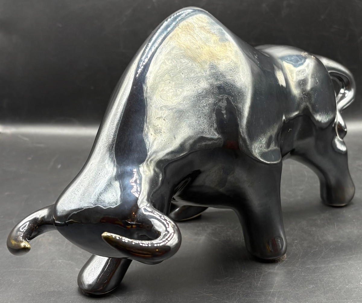 Black Glazed Terracotta Bull Figurine From The 1940s/50s European -photo-2