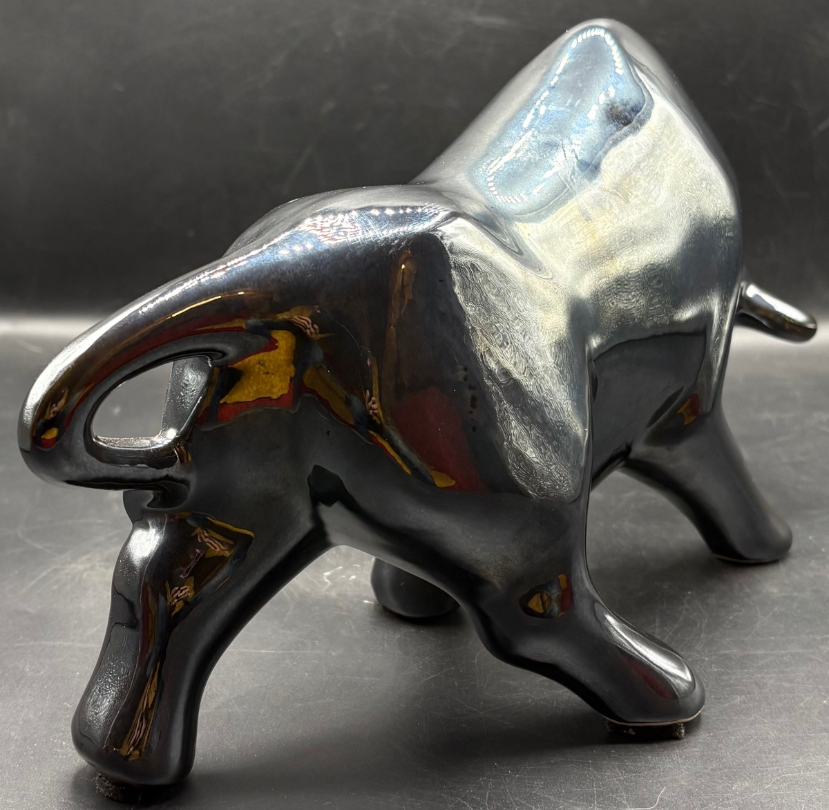 Black Glazed Terracotta Bull Figurine From The 1940s/50s European -photo-4