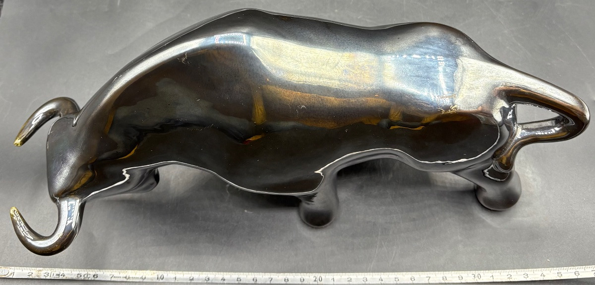 Black Glazed Terracotta Bull Figurine From The 1940s/50s European -photo-5