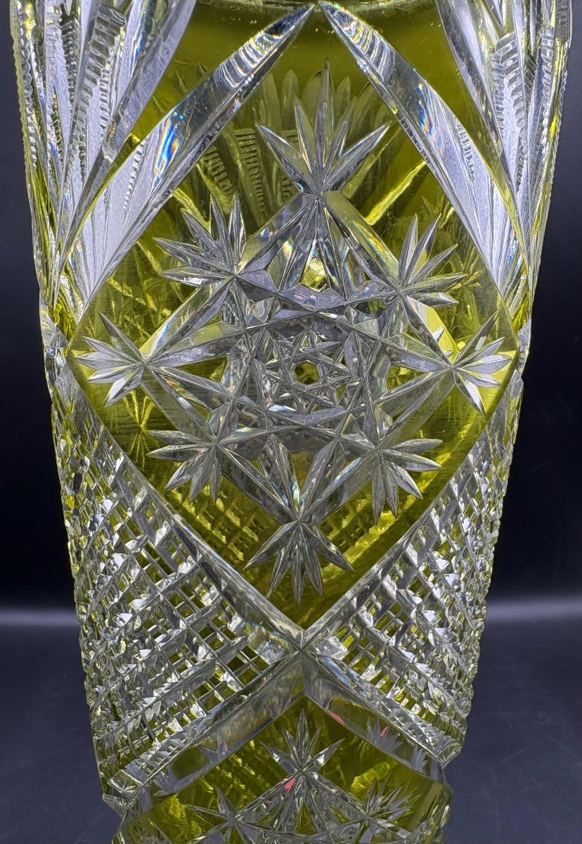 Large Hand-blown And Cut Straw-yellow Crystal Vase From The 1900s By Saint Louis-photo-3