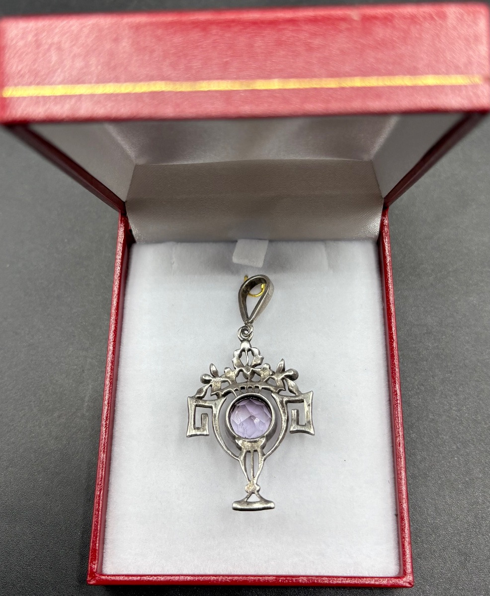 PENDENTIF ART NOUVEAU EN ARGENT MASSIF AMÉTHYSTE ET MARCASSITES EUROPÉENS DES ANNÉES 1900-photo-2