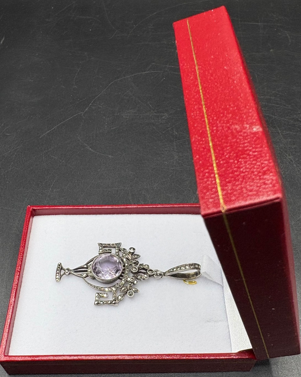PENDENTIF ART NOUVEAU EN ARGENT MASSIF AMÉTHYSTE ET MARCASSITES EUROPÉENS DES ANNÉES 1900-photo-4