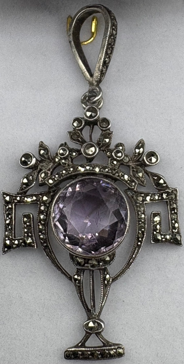 PENDENTIF ART NOUVEAU EN ARGENT MASSIF AMÉTHYSTE ET MARCASSITES EUROPÉENS DES ANNÉES 1900-photo-3