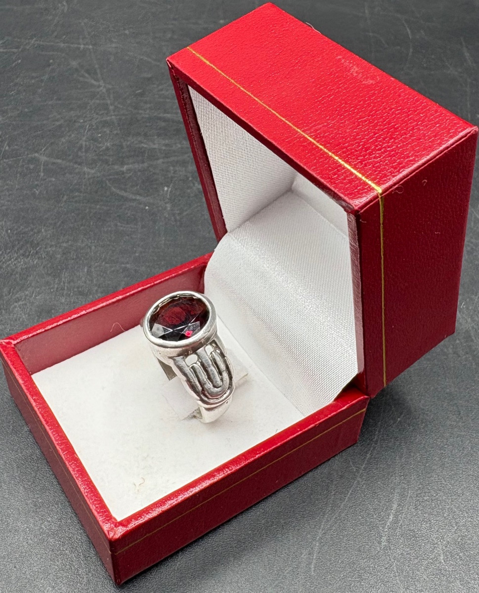 Men's Ring In Solid Silver And Garnet From The 1930s/40s, European -photo-2