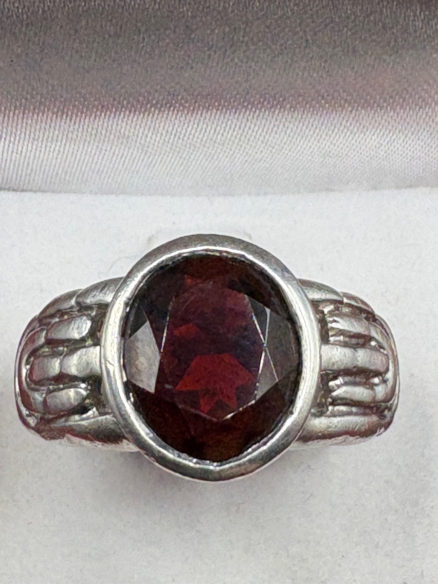 Men's Ring In Solid Silver And Garnet From The 1930s/40s, European -photo-2