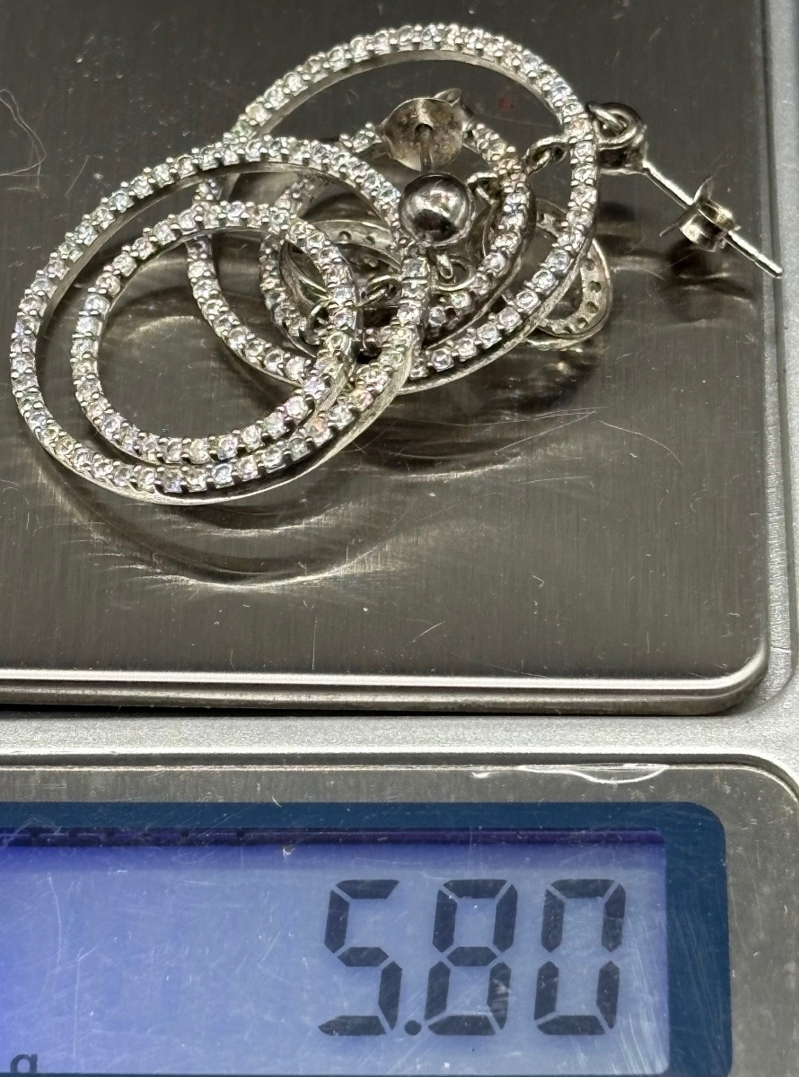 Pair Of Solid Silver And Zirconium Oxide Earrings From The 1980s, French-photo-4