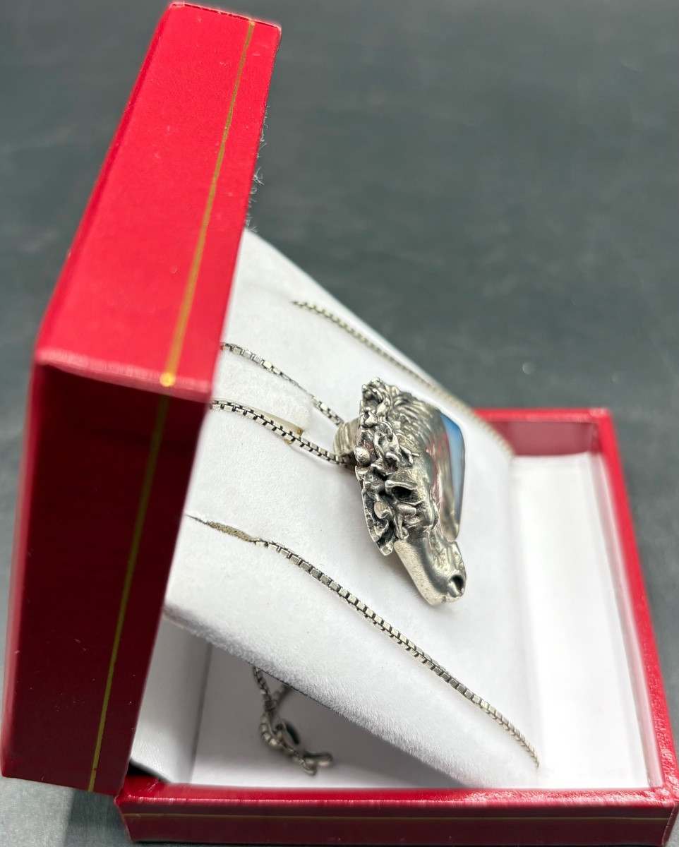 PENDENTIF EN ARGENT MASSIF ET NACRE TEINTÉE DES ANNÉES 1970/80 EUROPÉEN -photo-2