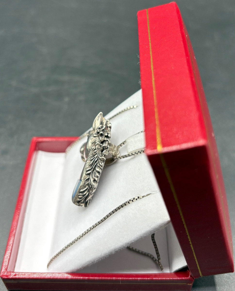 PENDENTIF EN ARGENT MASSIF ET NACRE TEINTÉE DES ANNÉES 1970/80 EUROPÉEN -photo-3