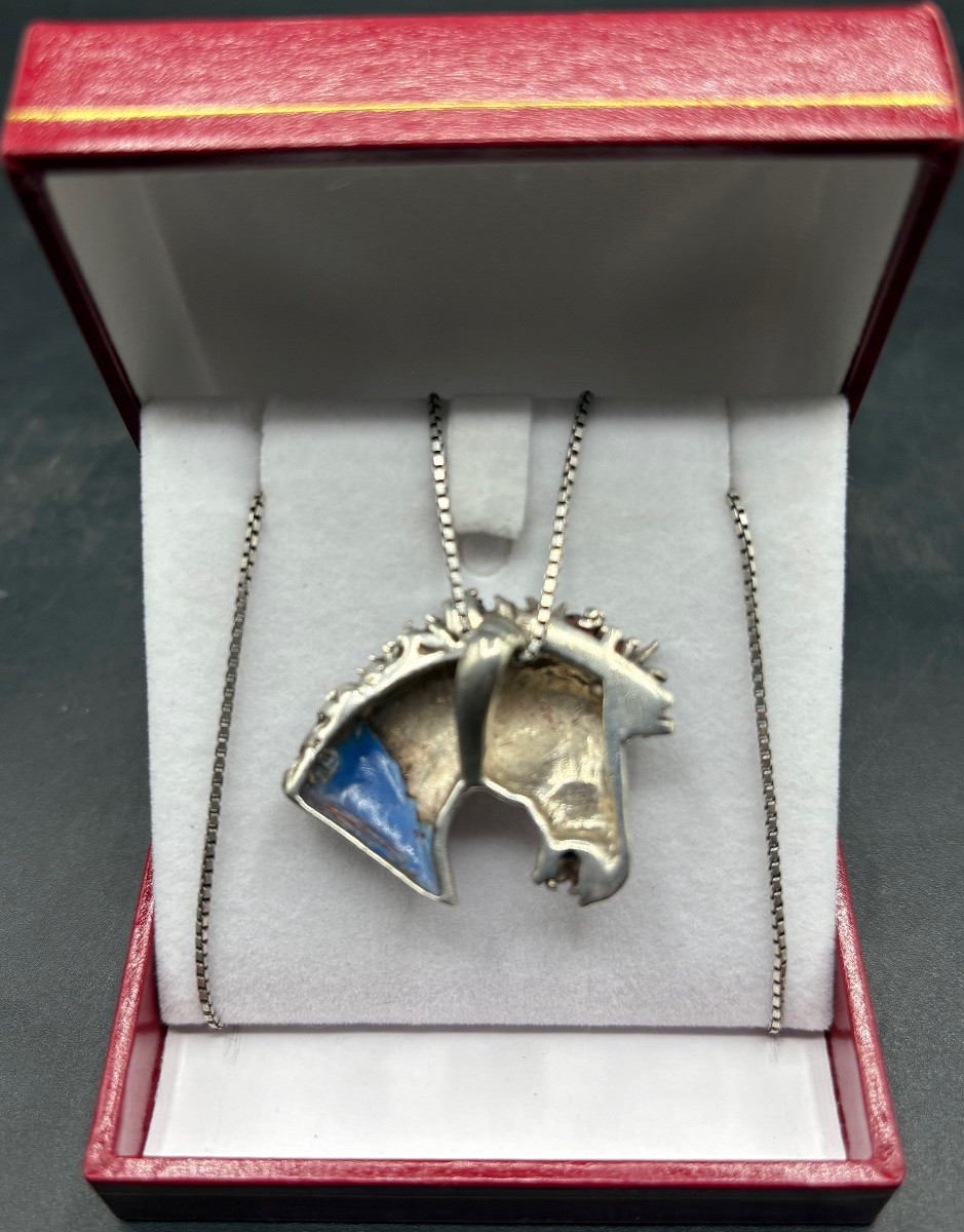 PENDENTIF EN ARGENT MASSIF ET NACRE TEINTÉE DES ANNÉES 1970/80 EUROPÉEN -photo-4