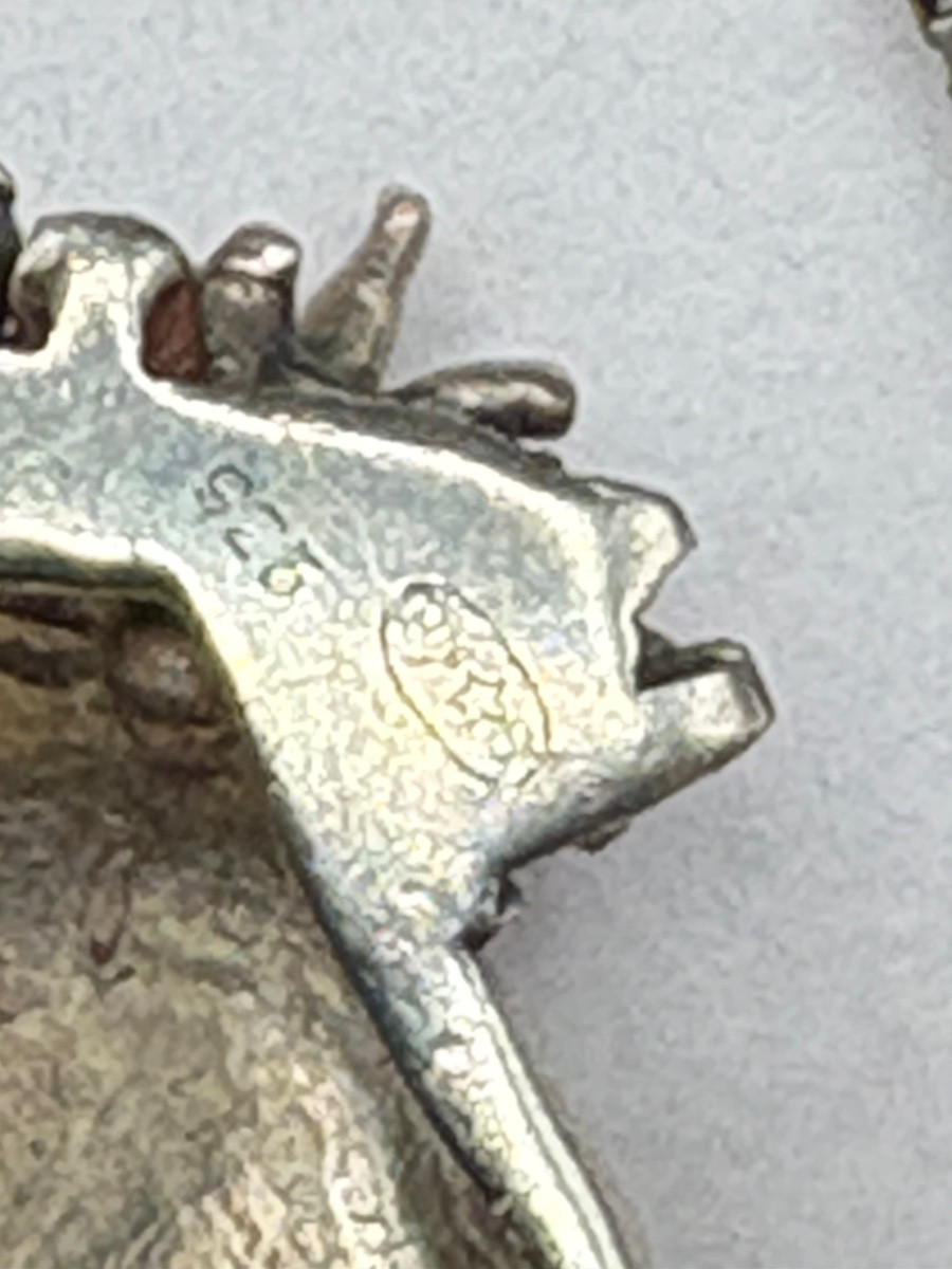 PENDENTIF EN ARGENT MASSIF ET NACRE TEINTÉE DES ANNÉES 1970/80 EUROPÉEN -photo-2