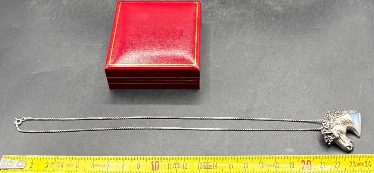 PENDENTIF EN ARGENT MASSIF ET NACRE TEINTÉE DES ANNÉES 1970/80 EUROPÉEN -photo-3