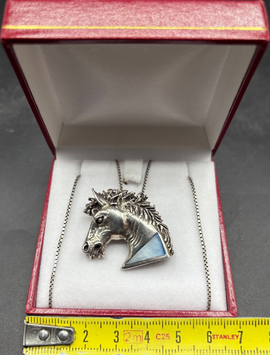 PENDENTIF EN ARGENT MASSIF ET NACRE TEINTÉE DES ANNÉES 1970/80 EUROPÉEN -photo-6