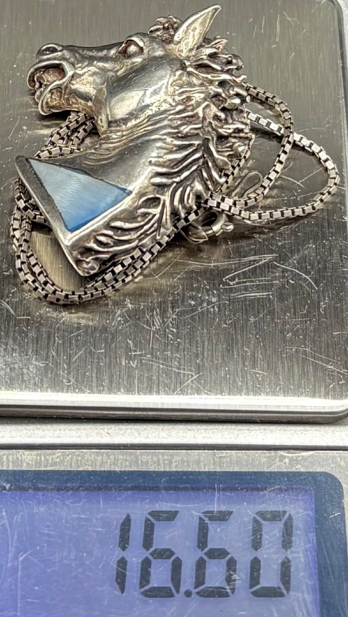 PENDENTIF EN ARGENT MASSIF ET NACRE TEINTÉE DES ANNÉES 1970/80 EUROPÉEN -photo-7