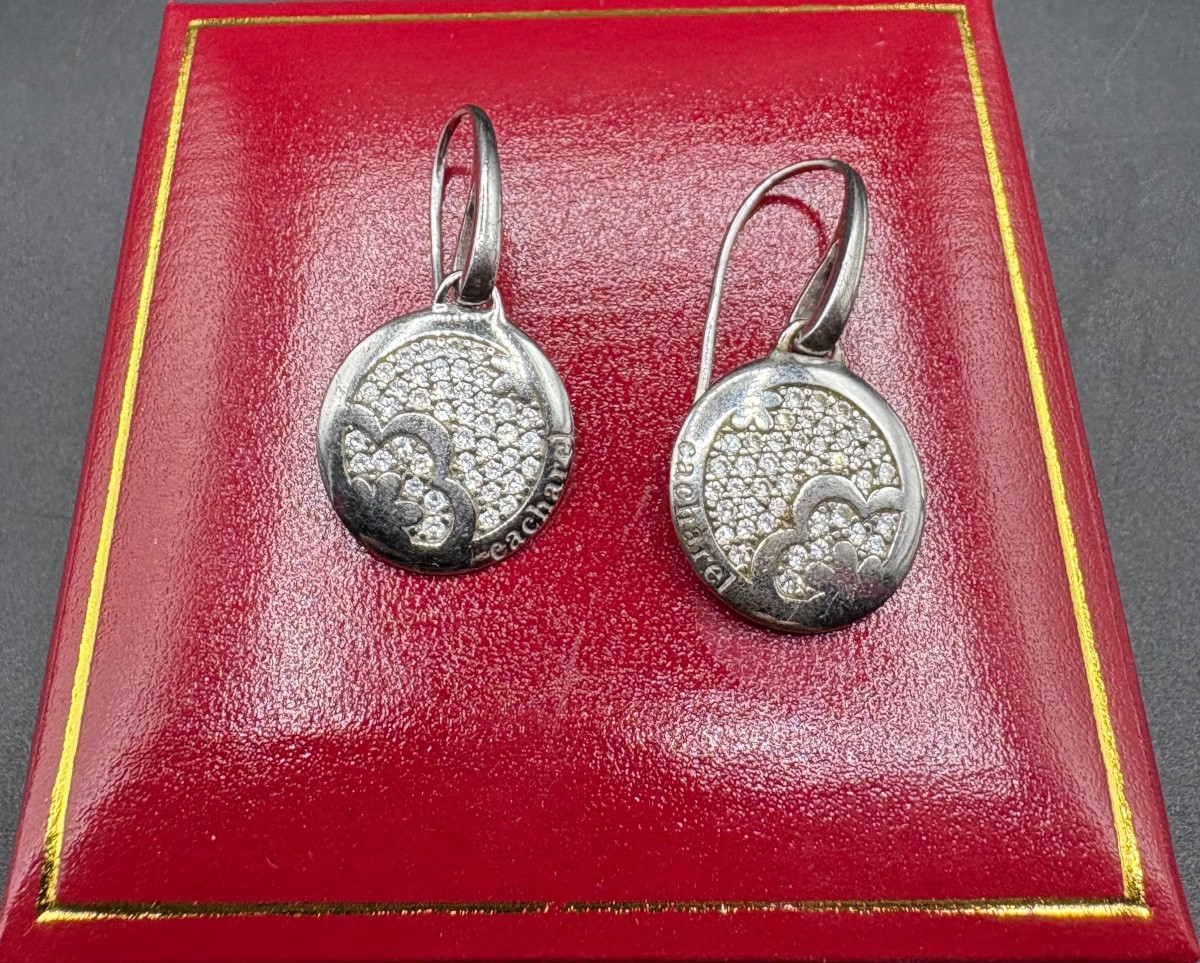 Pair Of Solid Silver And Zirconium Oxide Earrings Circa 1980 Signed Cacharel