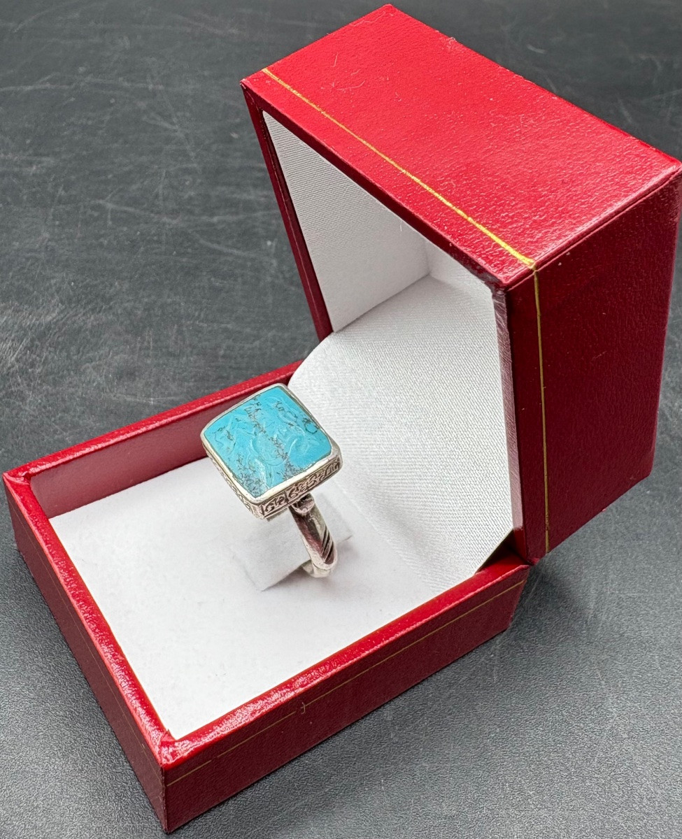 BAGUE HOMME EN ARGENT MASSIF ET INTAILLE EN TURQUOISE DES ANNÉES 1950/60 D’INDE-photo-2