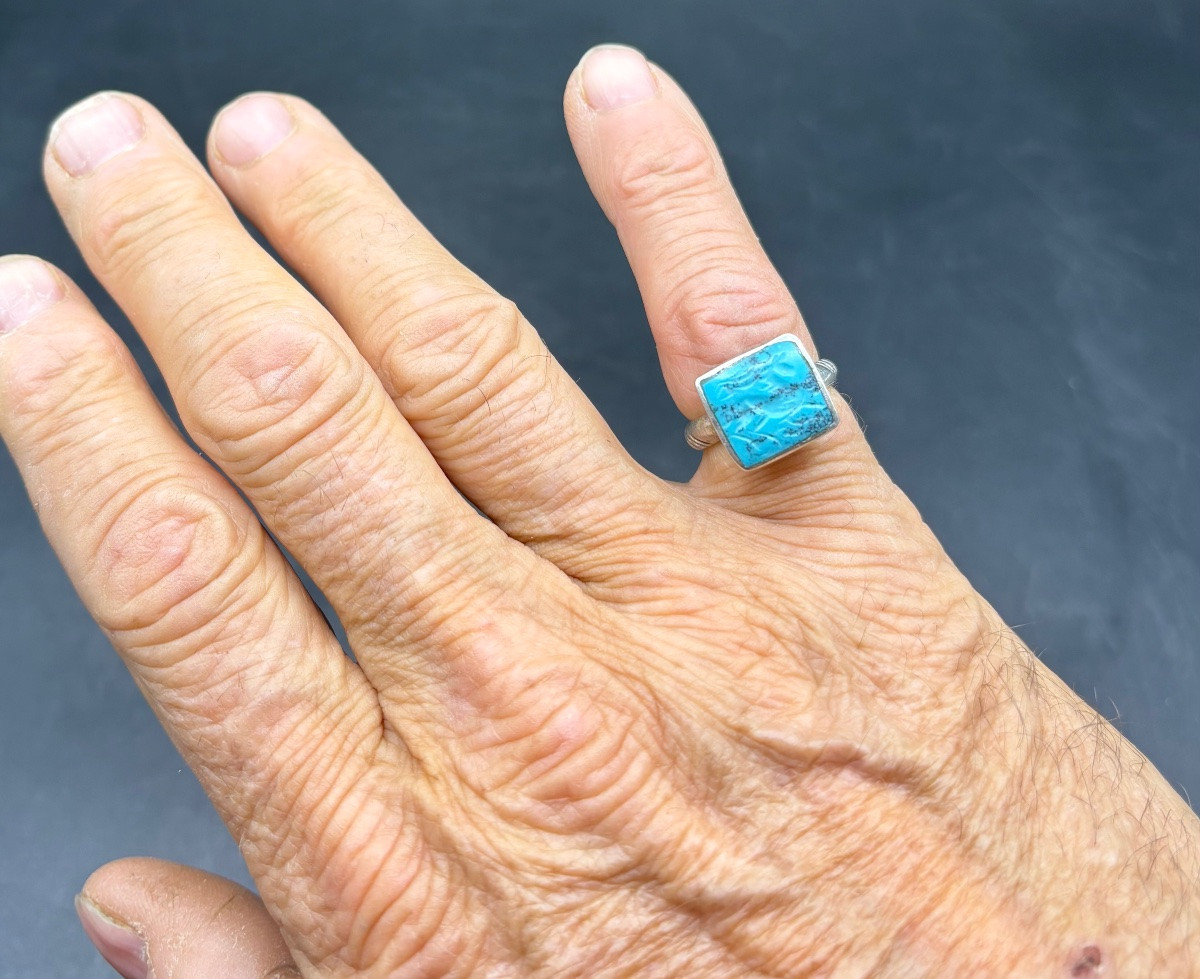 BAGUE HOMME EN ARGENT MASSIF ET INTAILLE EN TURQUOISE DES ANNÉES 1950/60 D’INDE-photo-1