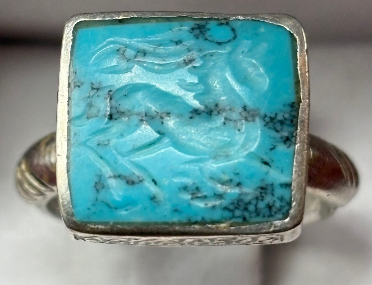 BAGUE HOMME EN ARGENT MASSIF ET INTAILLE EN TURQUOISE DES ANNÉES 1950/60 D’INDE-photo-2