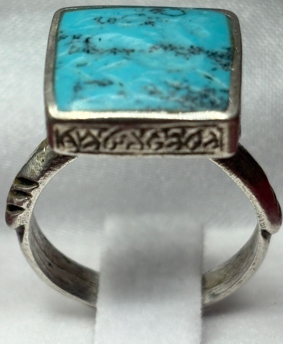 BAGUE HOMME EN ARGENT MASSIF ET INTAILLE EN TURQUOISE DES ANNÉES 1950/60 D’INDE-photo-3