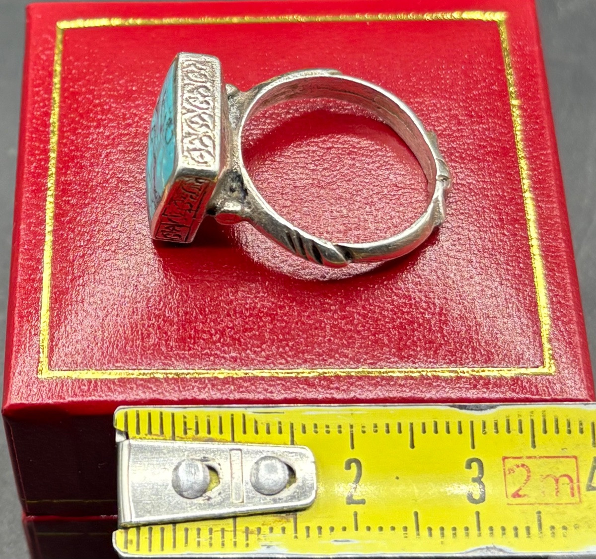 BAGUE HOMME EN ARGENT MASSIF ET INTAILLE EN TURQUOISE DES ANNÉES 1950/60 D’INDE-photo-6