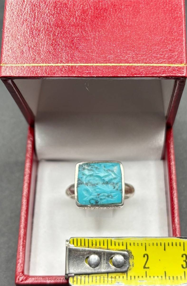 BAGUE HOMME EN ARGENT MASSIF ET INTAILLE EN TURQUOISE DES ANNÉES 1950/60 D’INDE-photo-7