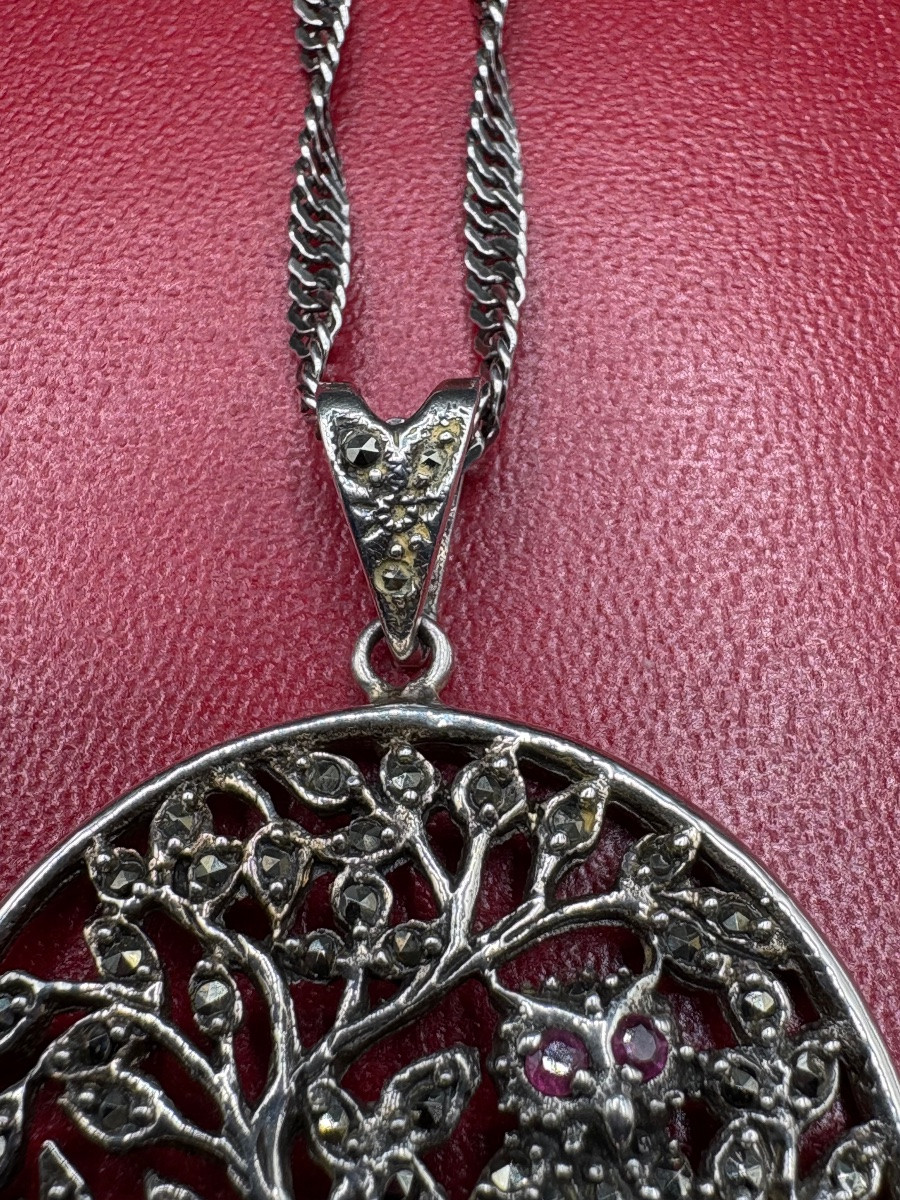 1930s European Solid Silver Pendant With Marcasite And Rubies -photo-1