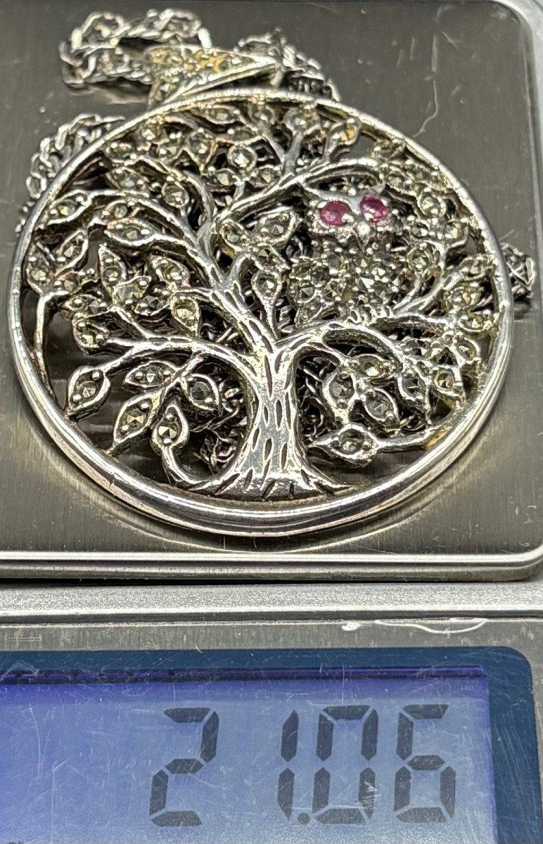 1930s European Solid Silver Pendant With Marcasite And Rubies -photo-8