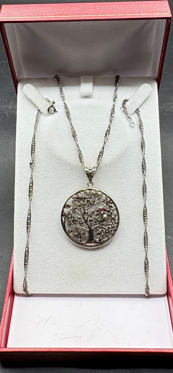 1930s European Solid Silver Pendant With Marcasite And Rubies 