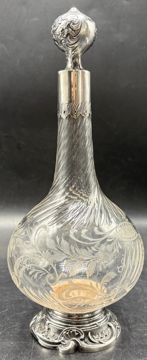 Late 19th Century Saint Louis Cut And Engraved Blown Crystal Alcohol Decanter With Solid Silver Mount-photo-4