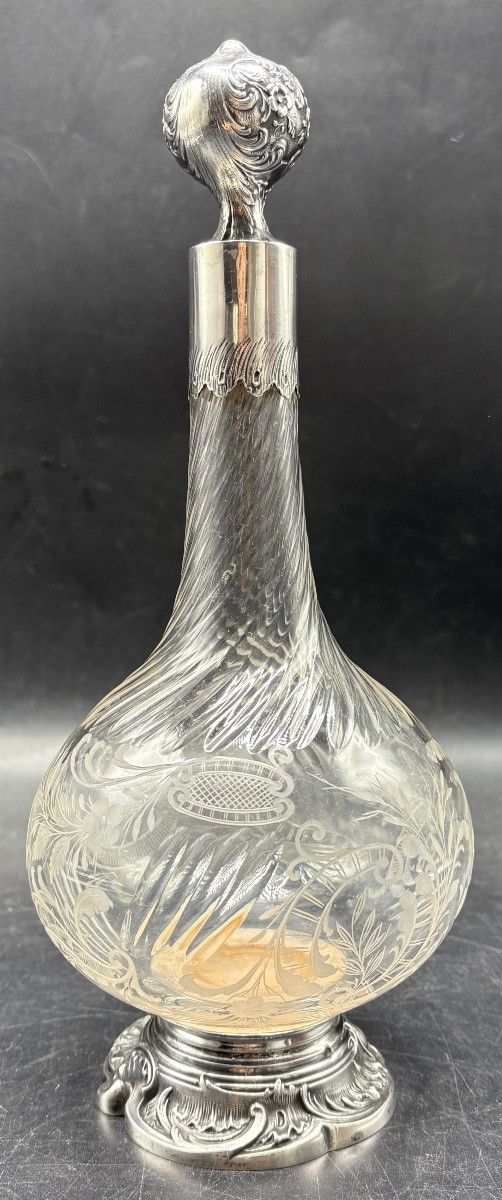 Late 19th Century Saint Louis Cut And Engraved Blown Crystal Alcohol Decanter With Solid Silver Mount
