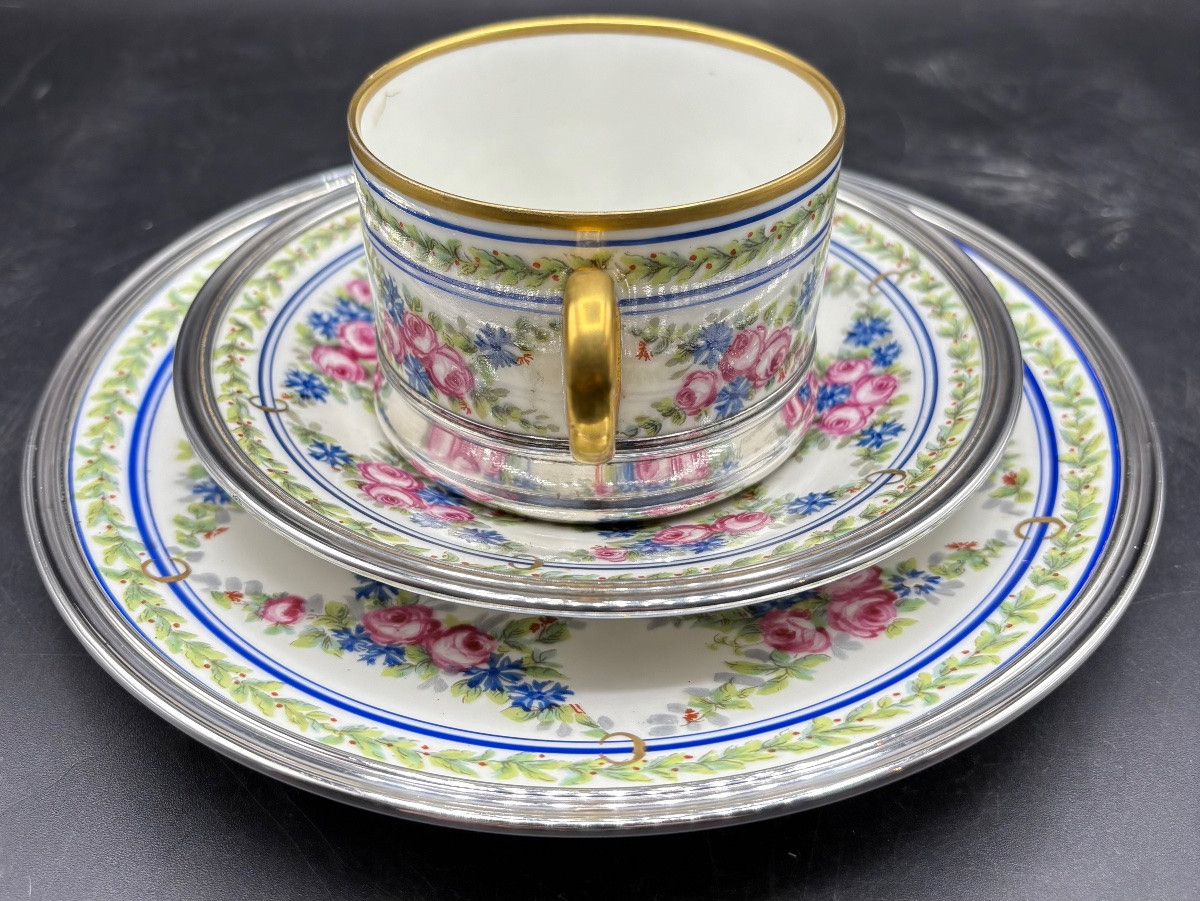 UN DÉJEUNER EN PORCELAINE ÉMAILLÉE PEINT ET DORÉ ET ARGENT MASSIF DES ANNÉES 1900 LIMOGES-photo-2