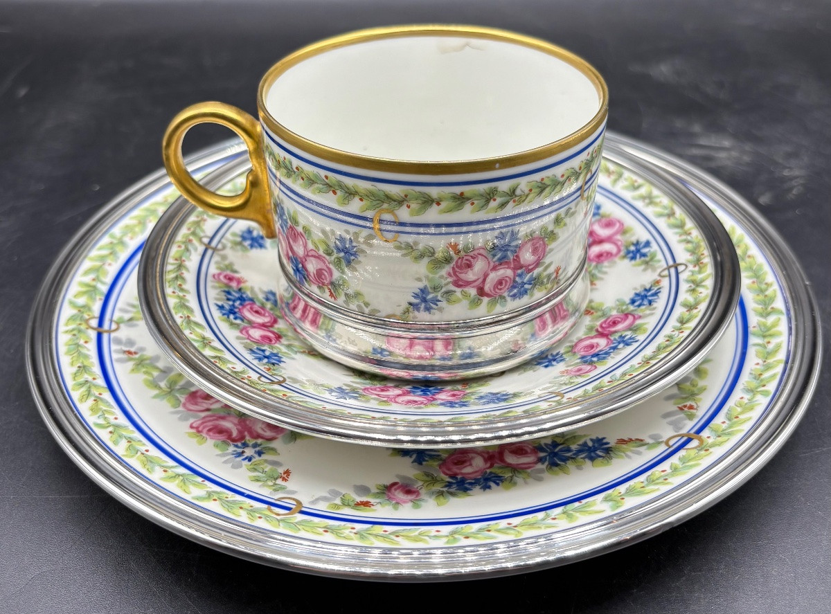 UN DÉJEUNER EN PORCELAINE ÉMAILLÉE PEINT ET DORÉ ET ARGENT MASSIF DES ANNÉES 1900 LIMOGES-photo-3