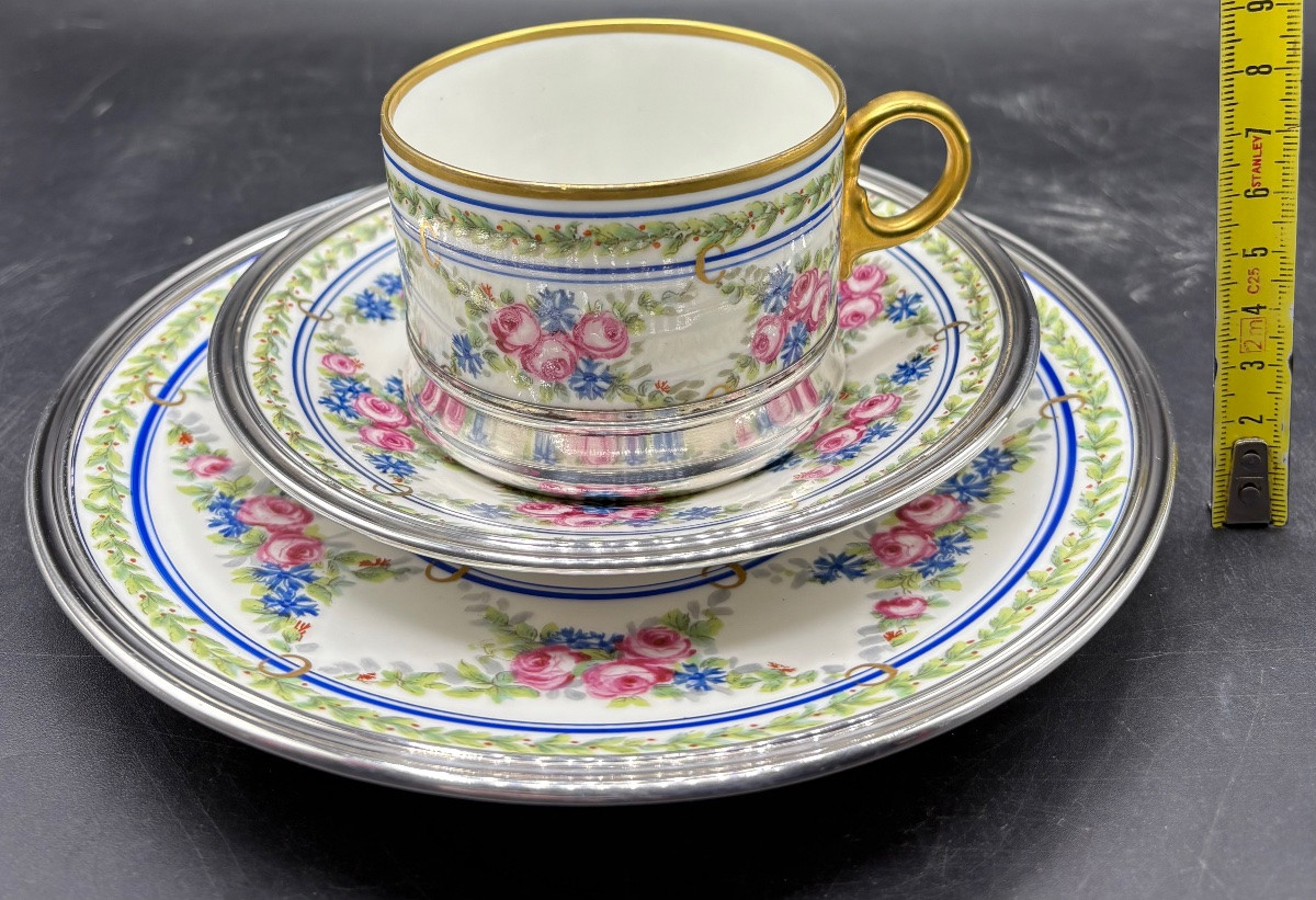 UN DÉJEUNER EN PORCELAINE ÉMAILLÉE PEINT ET DORÉ ET ARGENT MASSIF DES ANNÉES 1900 LIMOGES-photo-7