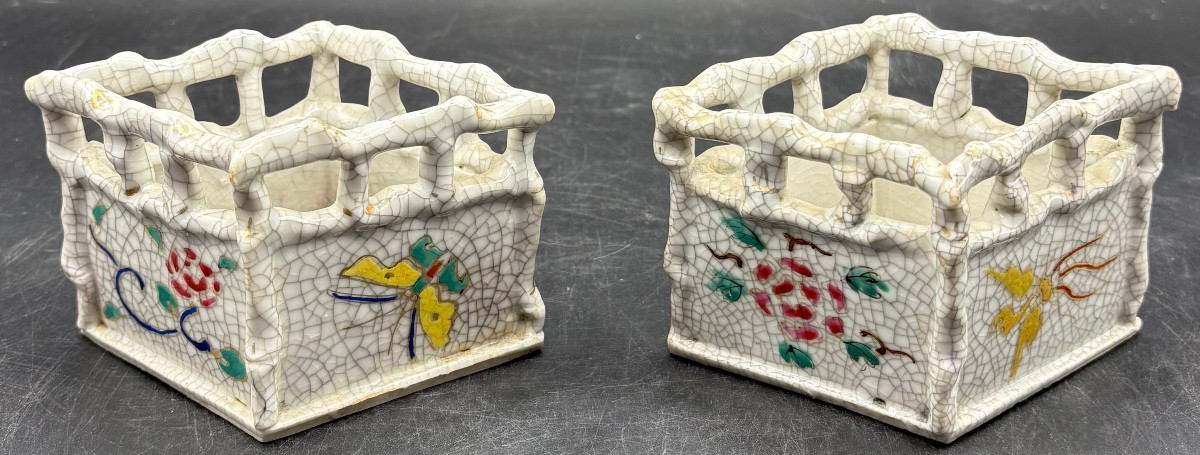 A Pair Of Small Japanese 1920s Enameled Ceramic Planters