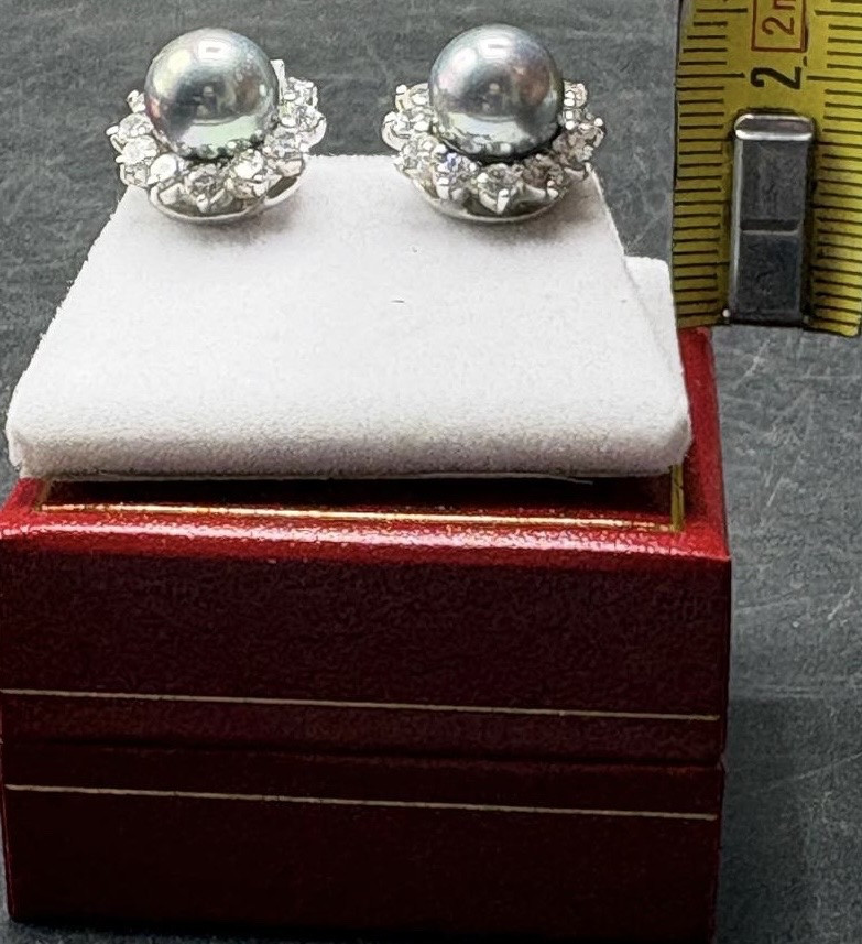 PAIRE DE BOUCLES D’OREILLES ARGENT MASSIF PERLE DE CULTURE ET OXYDES DE ZIRCONIUM DE TAHITI-photo-2