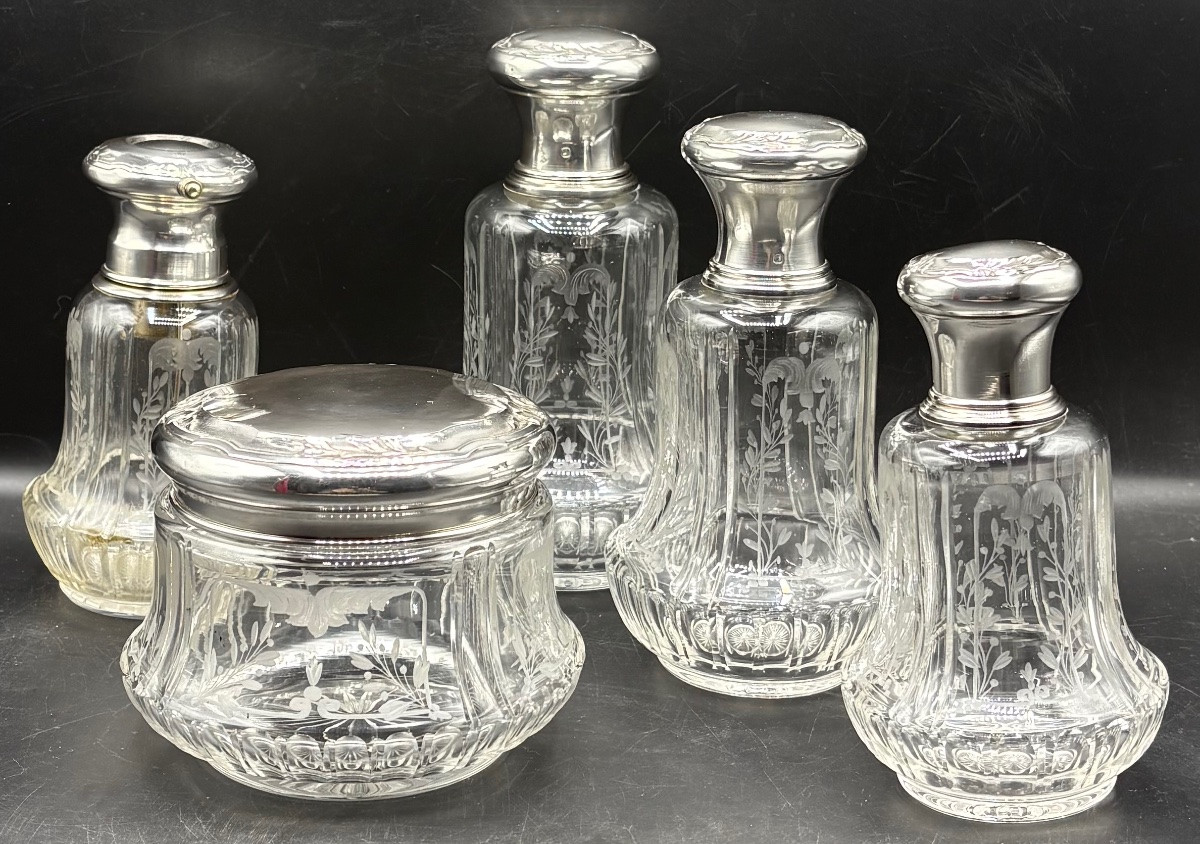 ENSEMBLE DE FLACONS DE TOILETTE EN CRISTAL ET ARGENT MASSIF VERS 1900 SAINT LOUIS & COIGNET-photo-4
