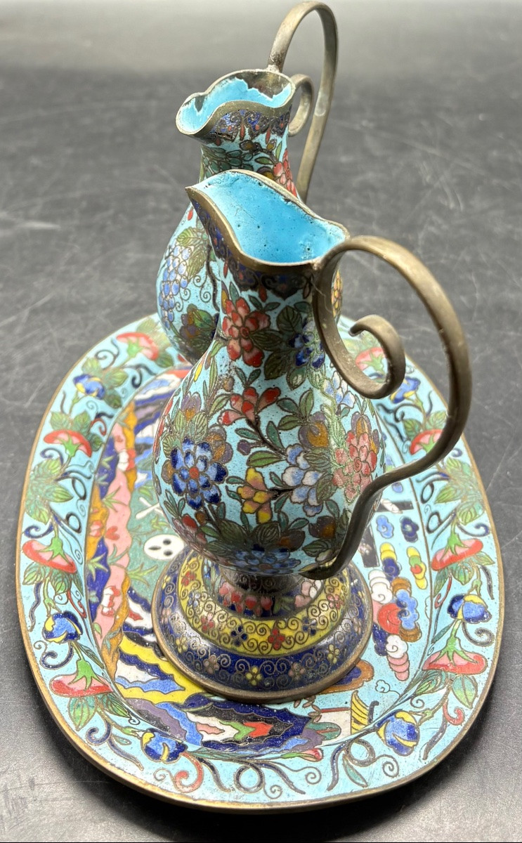 19th-century Cloisonné Brass Tray And Its Urettes From Japan, Made For France -photo-2