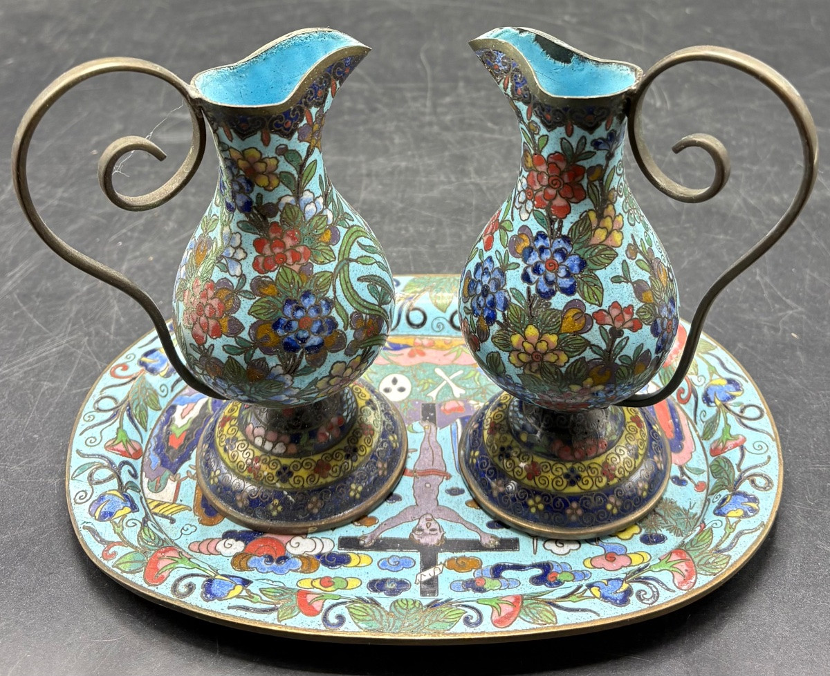 19th-century Cloisonné Brass Tray And Its Urettes From Japan, Made For France -photo-3