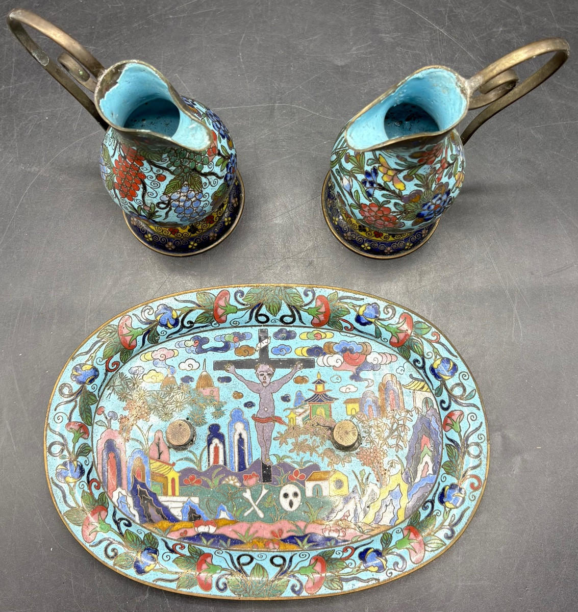 19th-century Cloisonné Brass Tray And Its Urettes From Japan, Made For France -photo-1