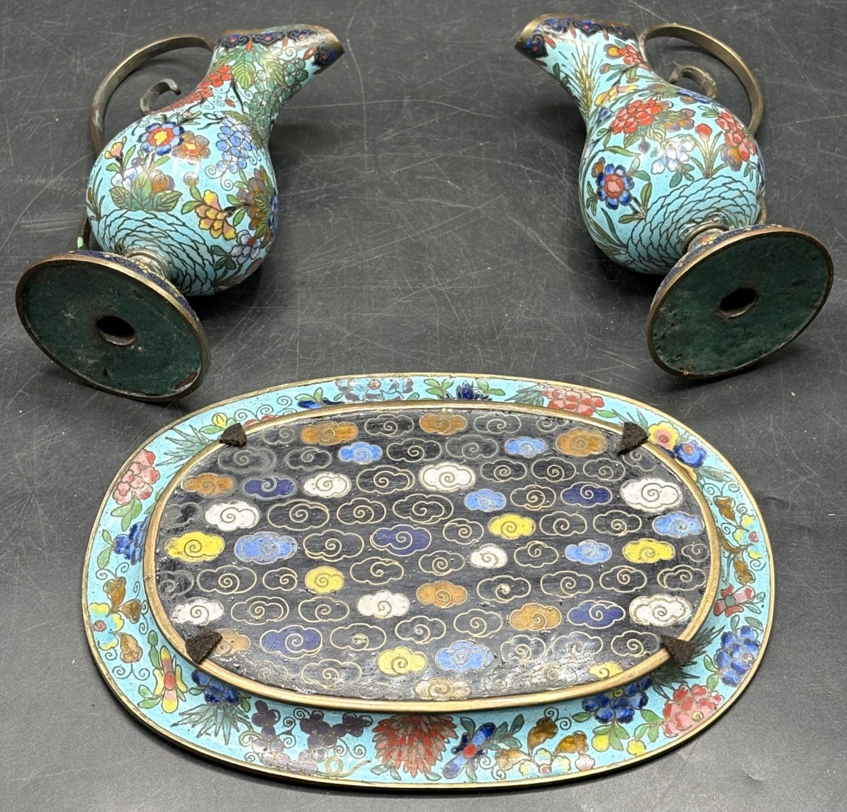 19th-century Cloisonné Brass Tray And Its Urettes From Japan, Made For France -photo-2