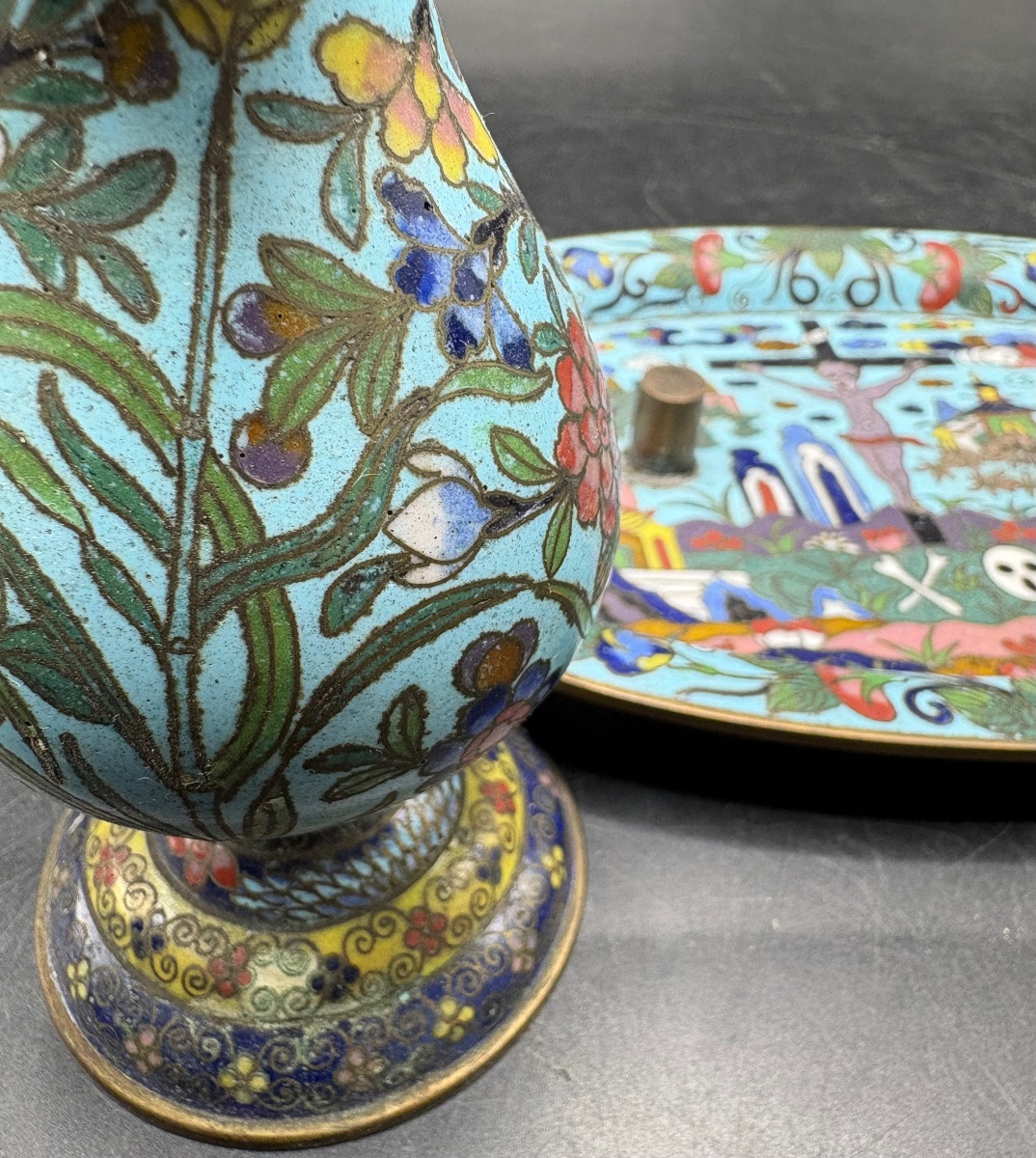 19th-century Cloisonné Brass Tray And Its Urettes From Japan, Made For France -photo-5