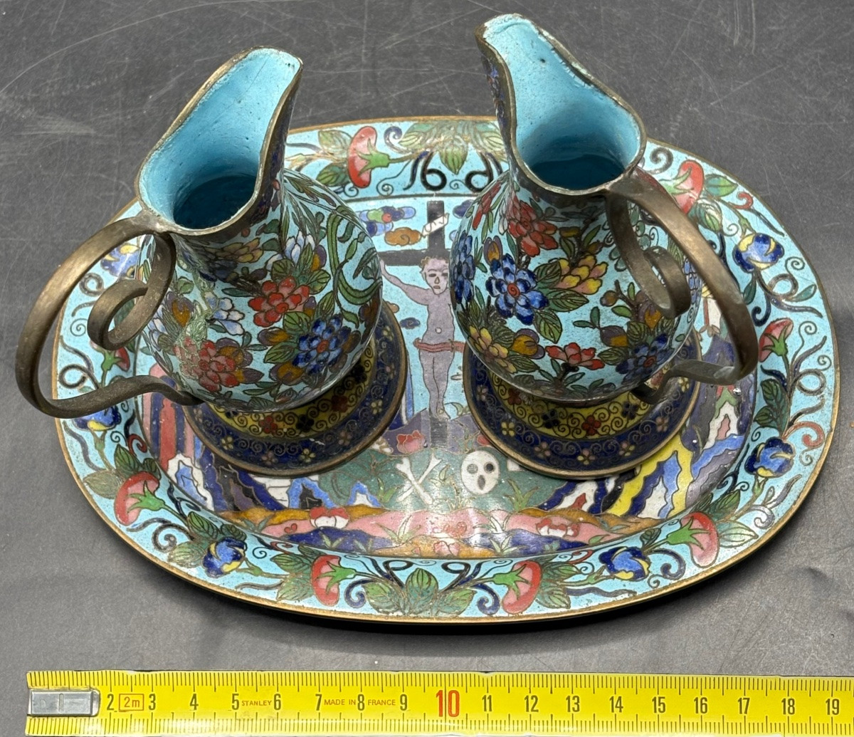 19th-century Cloisonné Brass Tray And Its Urettes From Japan, Made For France -photo-6