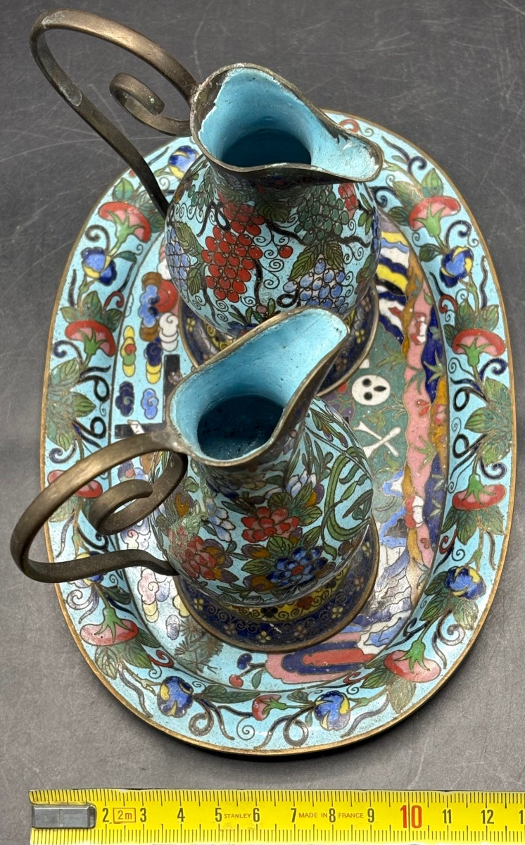 19th-century Cloisonné Brass Tray And Its Urettes From Japan, Made For France -photo-7