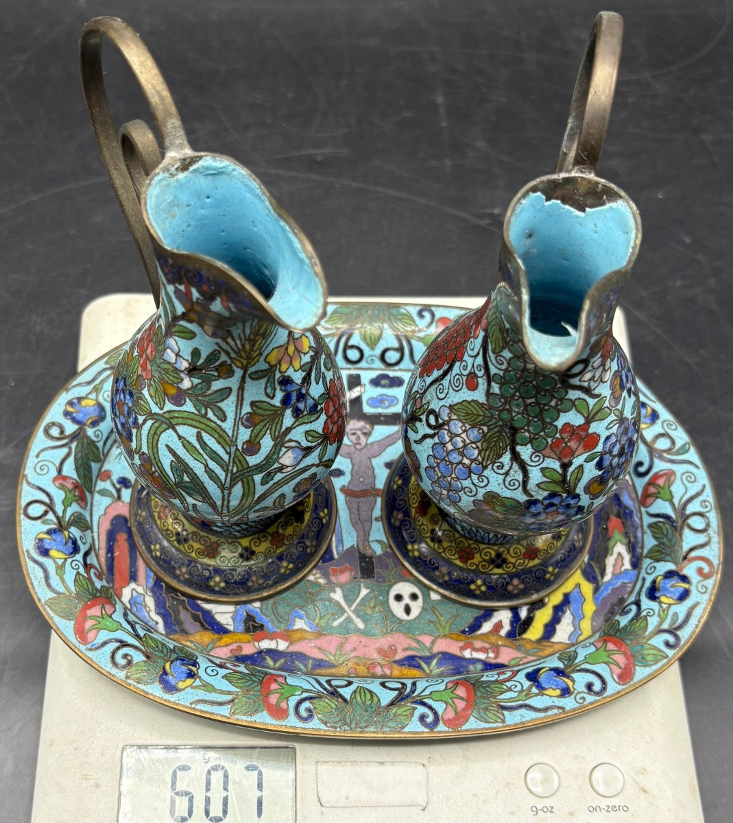 19th-century Cloisonné Brass Tray And Its Urettes From Japan, Made For France -photo-8